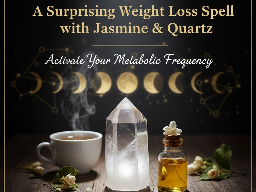 Weight loss spell ritual with clear quartz crystal, jasmine essential oil, and moon phases on a dark wooden background.