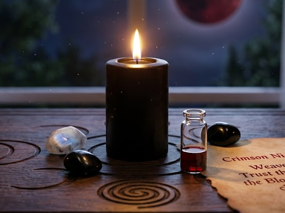 Blood Witch ritual offering with black candle and moonstone