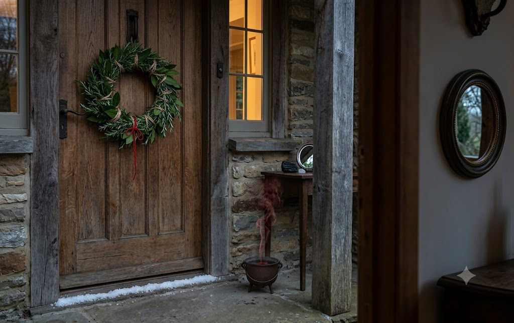 Rustic wooden front door with a fresh green rosemary wreath, a line of white sea salt across the stone threshold, and a small cauldron emitting smoke.