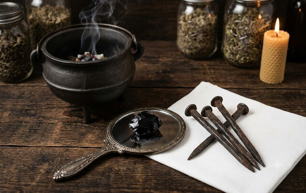 A rustic workspace featuring a heavy iron cauldron emitting faint smoke, a piece of dark black obsidian glass next to iron nails, and a white candle flame on a wooden surface.
