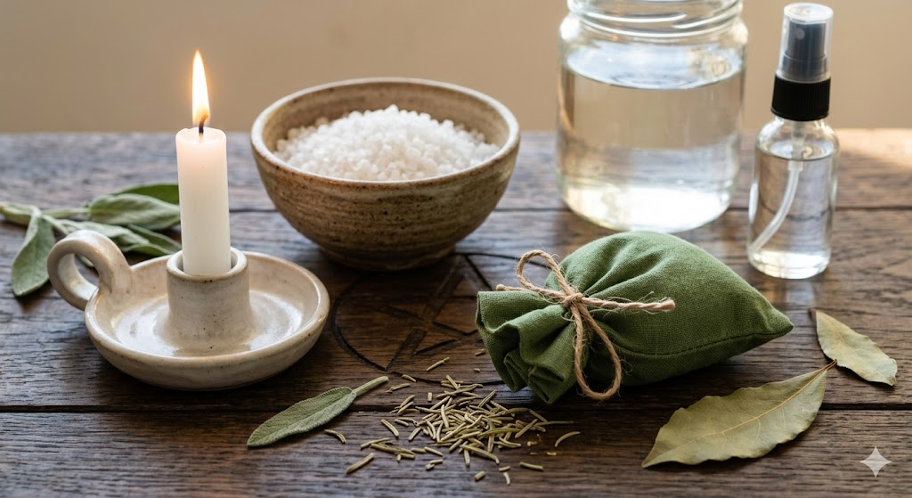 A rustic wooden altar table featuring a white candle burning in a ceramic holder, a small green cloth pouch surrounded by dried rosemary and sage, and a bowl of coarse sea salt.