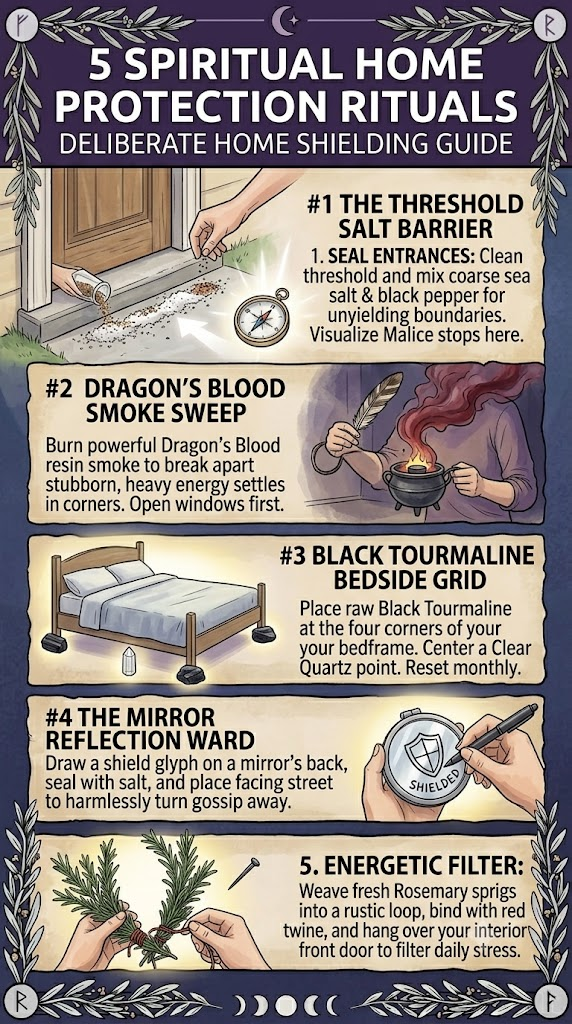 A vertical infographic titled "5 Spiritual Home Protection Rituals: Deliberate Home Shielding Guide" featuring a clean, rustic illustrated layout with five step-by-step sections. Each panel illustrates a specific method: pouring a coarse salt barrier across a wooden doorway threshold, burning dragon's blood resin in a small cauldron, placing raw black tourmaline stones around a tidy bed frame, drawing a shield glyph on the back of a mirror, and weaving fresh rosemary sprigs into a rustic loop. The top and bottom are framed with subtle crescent moons, olive leaves, and protective runes.