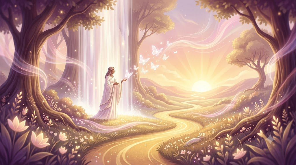 An ethereal and comforting landscape illustration depicting the Wiccan afterlife. A golden path leads through ancient trees and glowing nature toward a warm sunrise on the horizon, symbolizing the peaceful journey of the soul to the Summerland and eventual reincarnation.