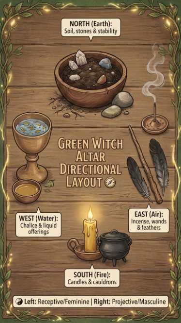 Diagram of a Green Witch altar directional layout showing Earth in the North, Air in the East, Fire in the South, and Water in the West.